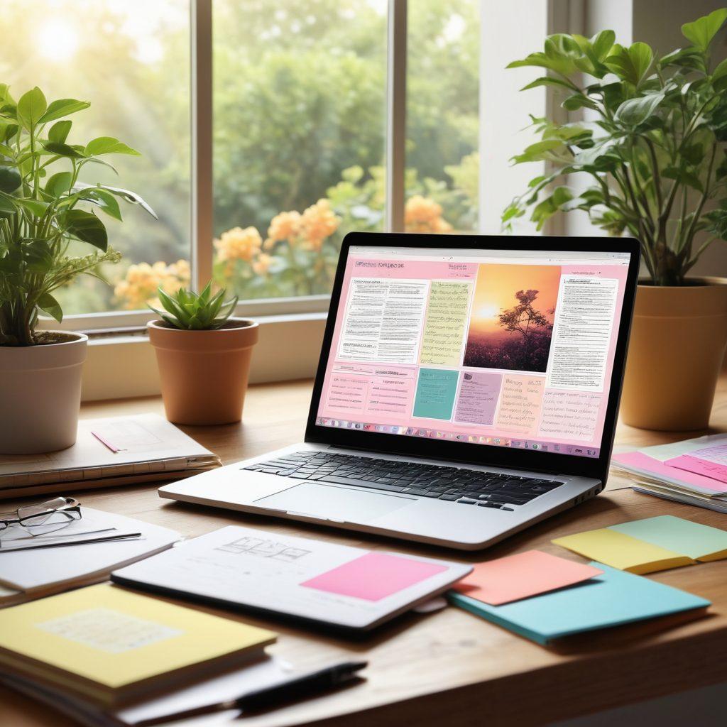 A serene workspace featuring a modern laptop displaying an open digital journal filled with vibrant graphics and notes, surrounded by inspirational quotes on sticky notes. Incorporate elements of nature like a small plant and sunlight streaming through a window to evoke a sense of tranquility. Include soft pastel colors and a subtle digital interface overlay. super-realistic. vibrant colors. soft focus.