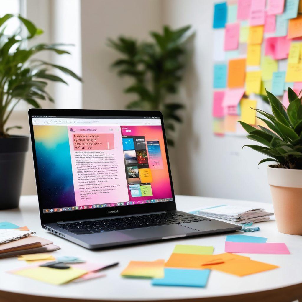 A modern workspace with a sleek laptop open to a vibrant lifestyle blog, surrounded by colorful sticky notes and inspirational quotes on the wall. A cup of coffee sits next to the laptop, and a potted plant adds a touch of freshness. The background features blurred images of digital icons representing social media, creating a sense of connectivity. super-realistic. vibrant colors.