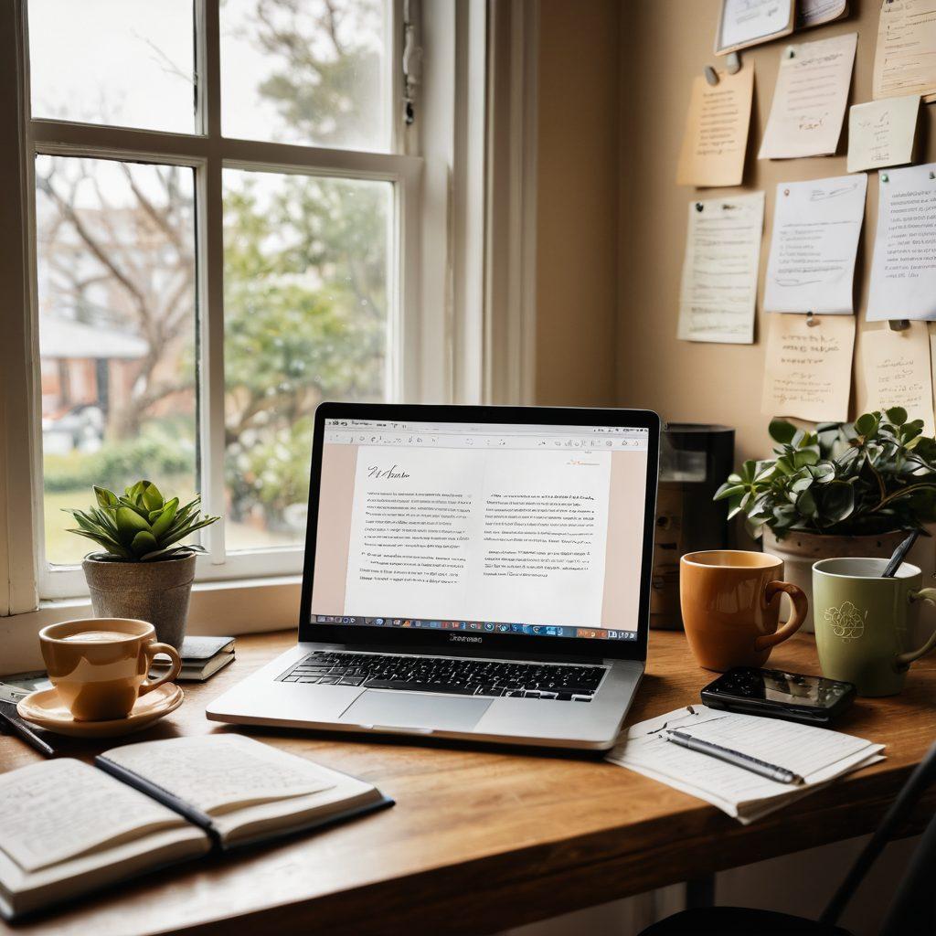 A cozy workspace featuring an open personal journal with handwritten notes, a laptop displaying a vibrant blog interface, and a steaming cup of coffee. In the background, there are inspirational quotes on the wall and various digital devices symbolizing the transition from journaling to blogging. Soft natural light filtering through a window, creating a warm atmosphere. super-realistic. warm colors. cozy setting.